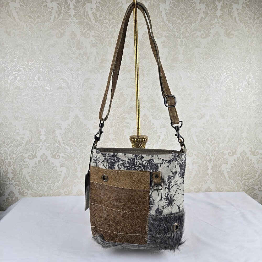 Myra Bag Crossbody Canvas Leather Hairon Crossbody Bag Neutrals Adj Strap NWT